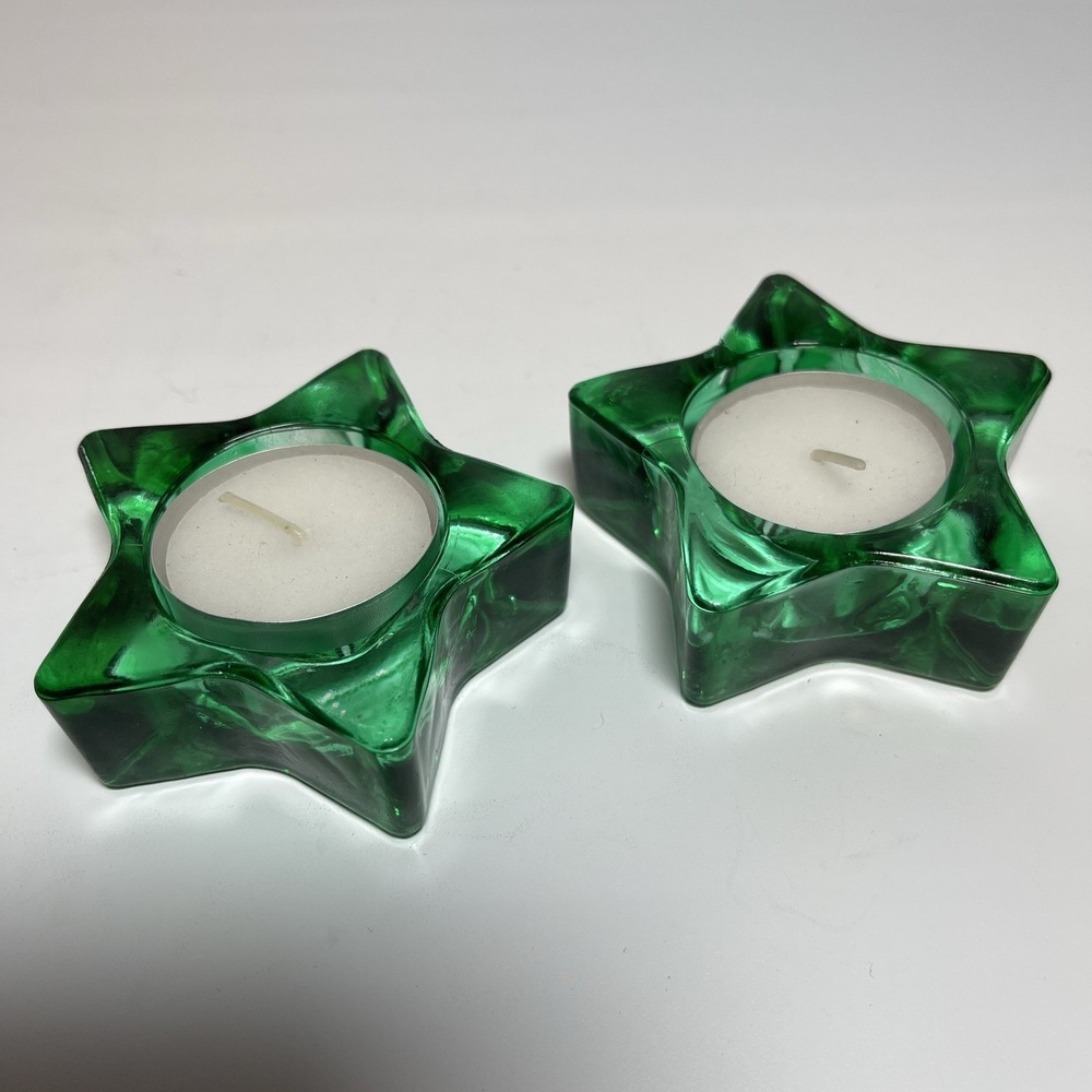 Holiday Celestial Green Stars Tea Light Candle Holder Thick Glass Set of 2
